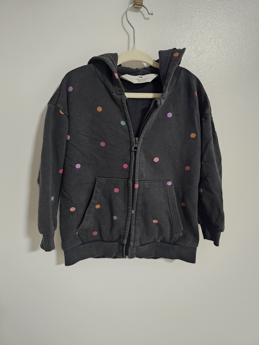 🧸2/20$ H&M Kids Gray Zip Hoodie  Multicolor Polka Dots Size 3T Girl